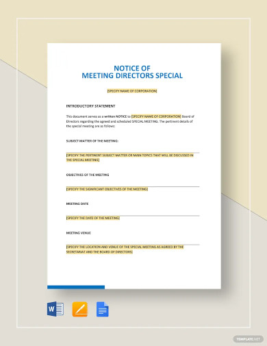 notice of meeting directors special template