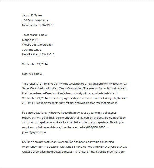 one week notice letter sample template