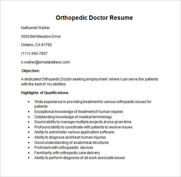 orthopedic doctor resume template