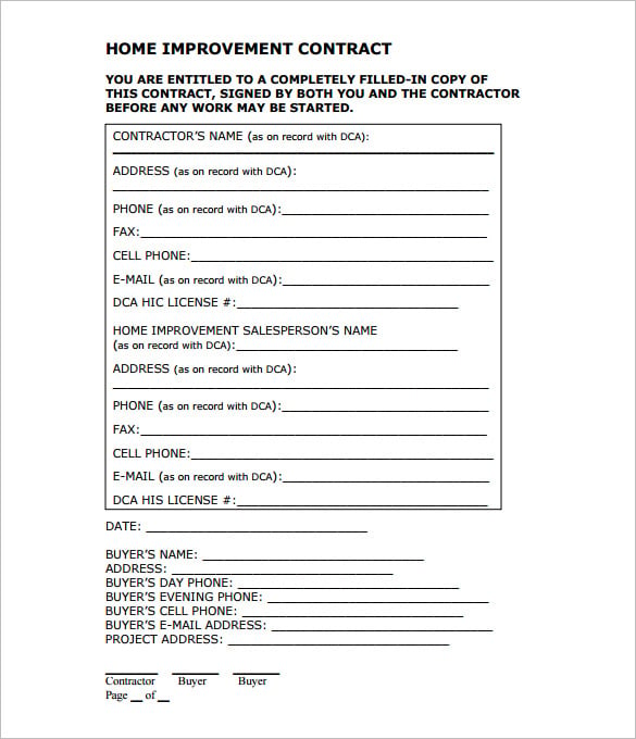 printable house renovations contractor agreement