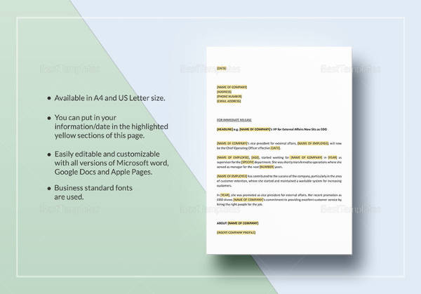 printable press release promotion of employee template