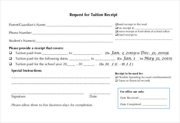 request for tuition receipt template