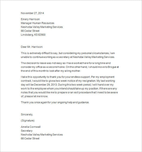 resignation letter with 2 weeks’ notice