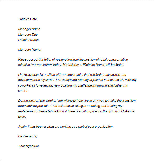 retail two weeks notice letter template