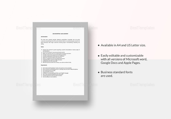 sales assistant job description template