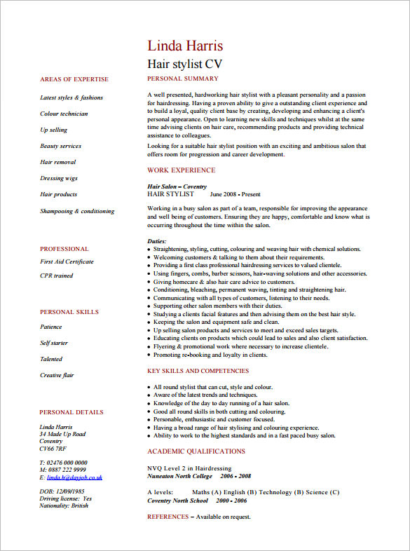 sample cv for hair stylist pdf format