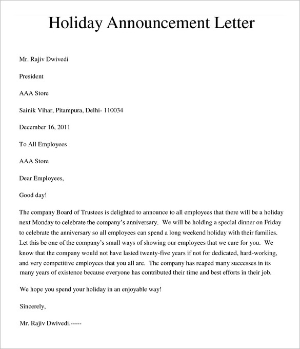  Get 27 Sample Memo Letter For Holiday Announcement Company