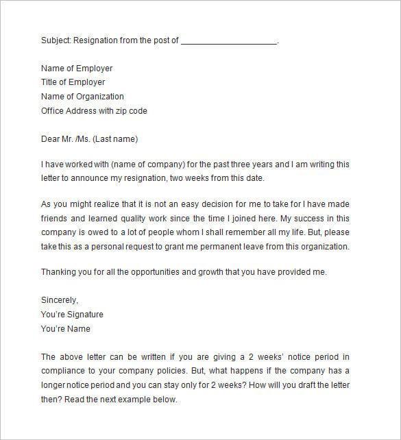Two Week Resignation Letter Templates from images.template.net