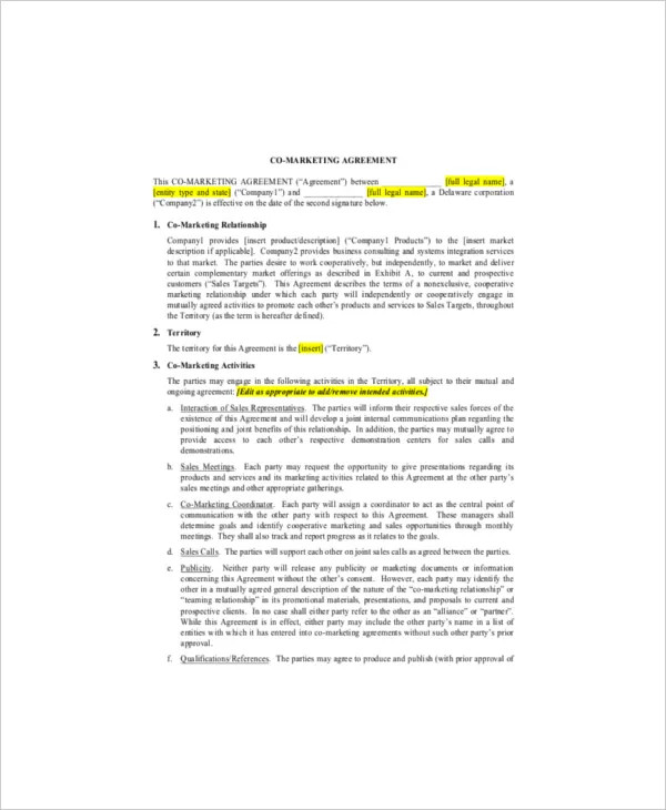 sample one page co – marketing agreement template