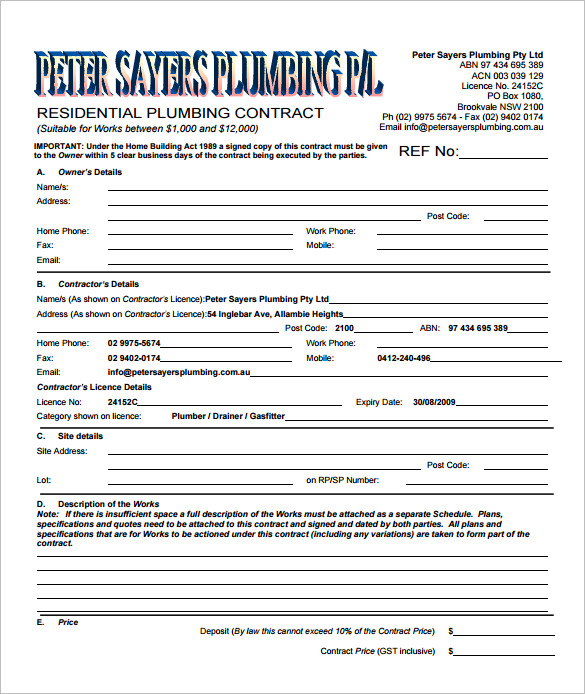 Printable Plumbing Contract Template