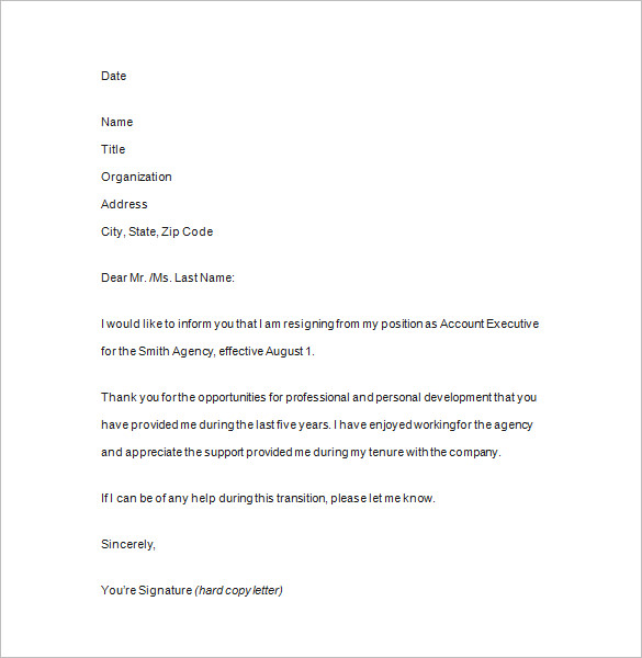 sample resignation letter template