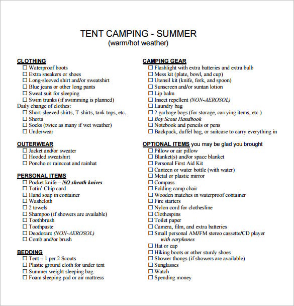 sample tent camping checklist pdf format download