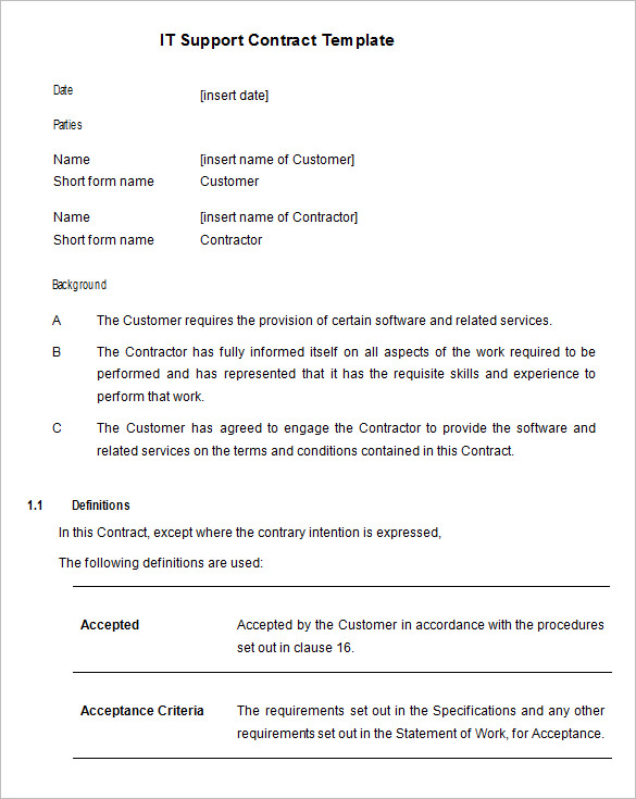 small business it support contract template free download