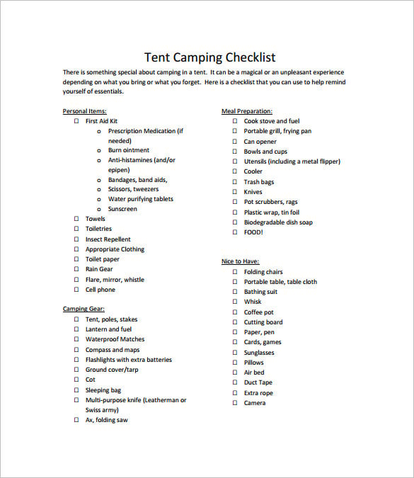 tent camping checklist pdf free download