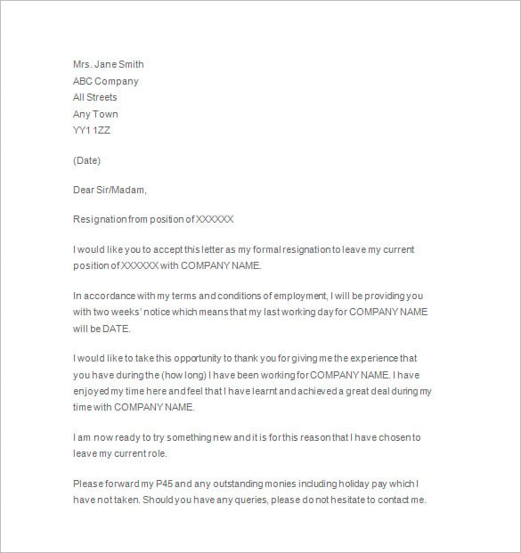 two weeks’ notice formal letter template