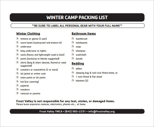 winter camping packing checklist pdf format