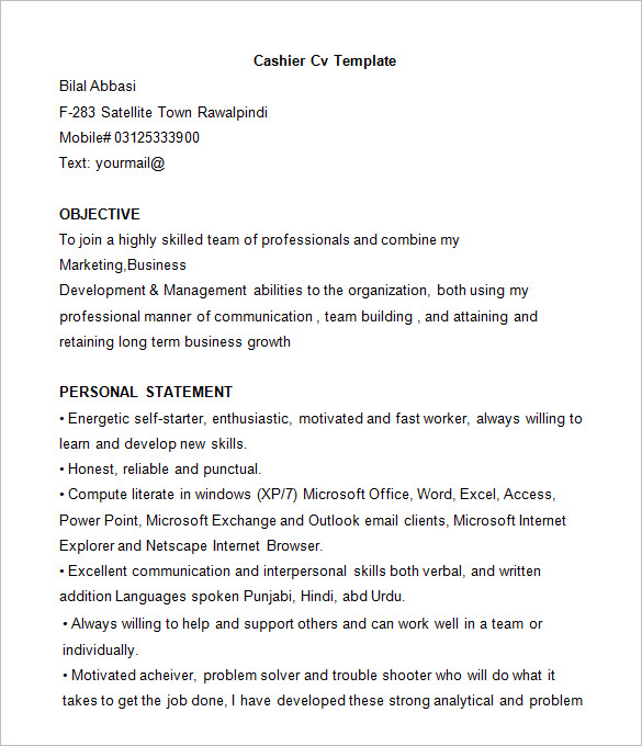 Cashier supermarket resume