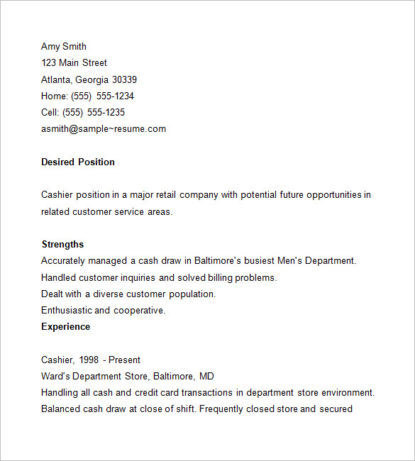 cashier sample resume