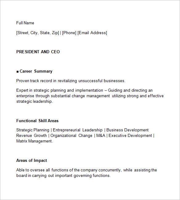 Ceo Resume Template Executive Resume Sample Chief Executive Officer