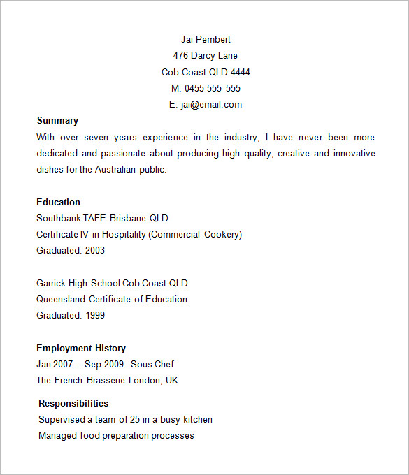 Free sample resume for a cook