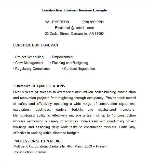 construction foreman resume