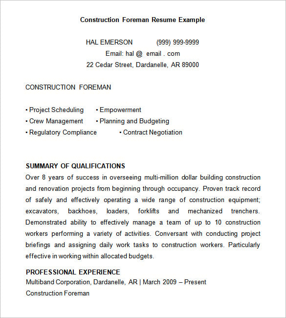 12+ FREE Construction Resume Templates DOC, PDF