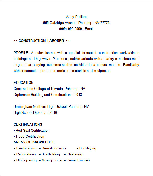 12+ FREE Construction Resume Templates DOC, PDF