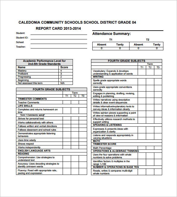 Report card template for kindergarten