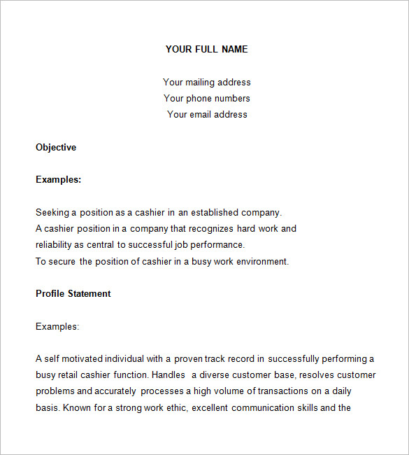 sample cashier resume