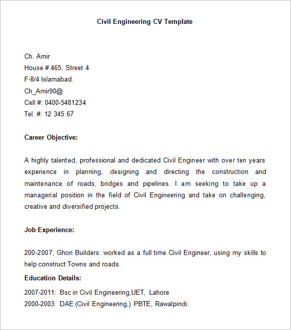 sample resume for civil engineer