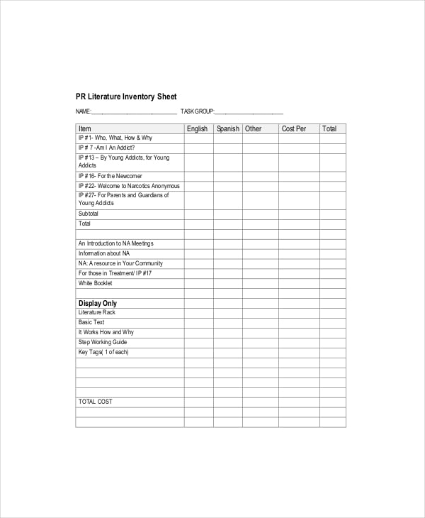 literature inventory count sheet