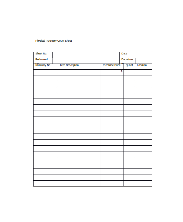 count sheet for physical inventory