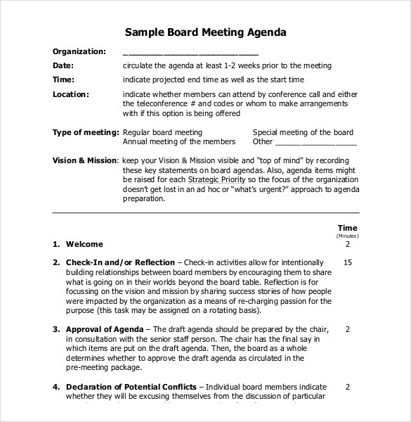 example of board meeting agenda template