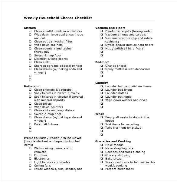 weekly household chores checklist