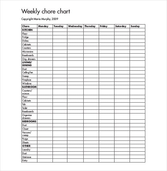 example of weekly chore chart