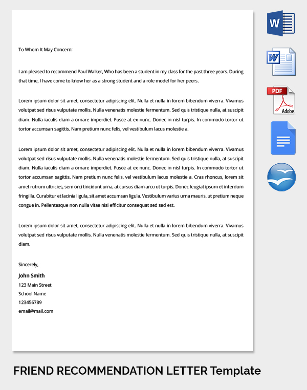 Recommendation Letter for a Friend 15  Free Word Excel PDF Format