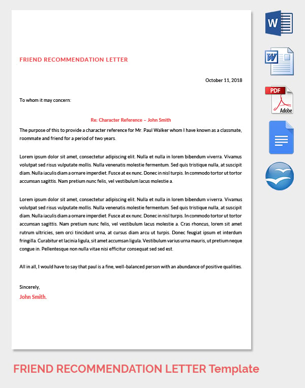 friend recommendation letter about character of friend
