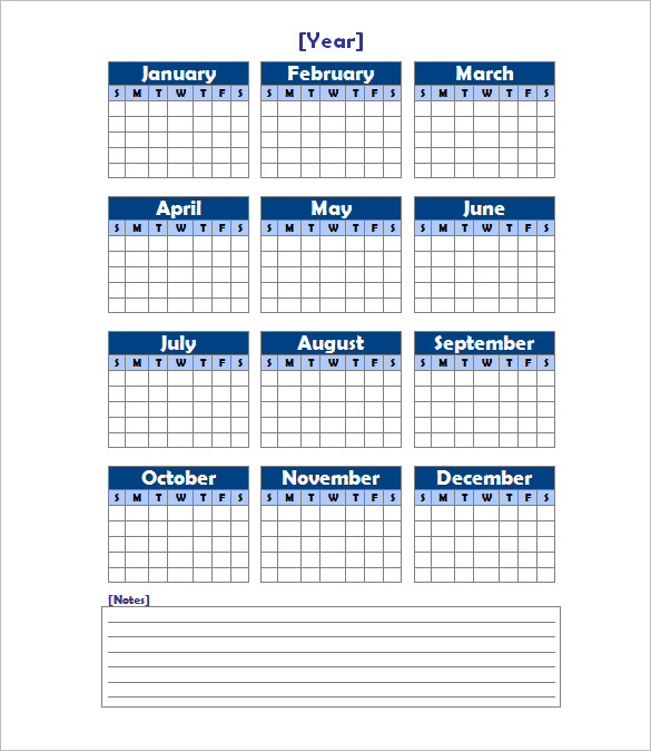 yearly calendar template with notes free download word