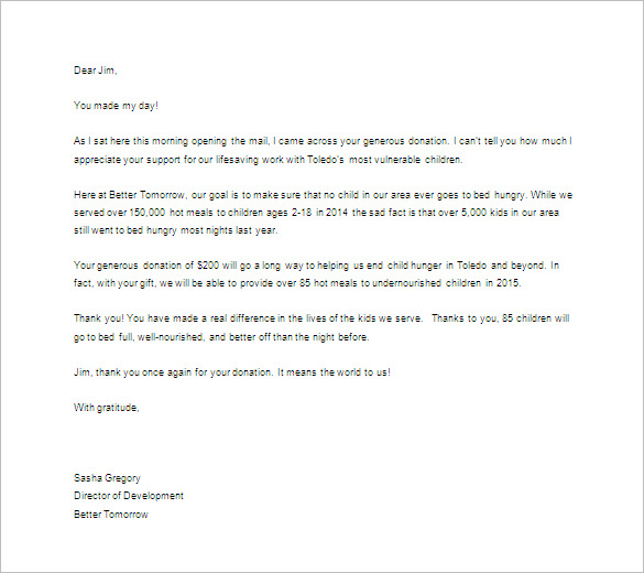 free sle of thank you letter for donation free sle of thank you letter for donation