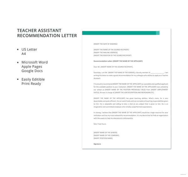 assistant teacher recommendation letter template