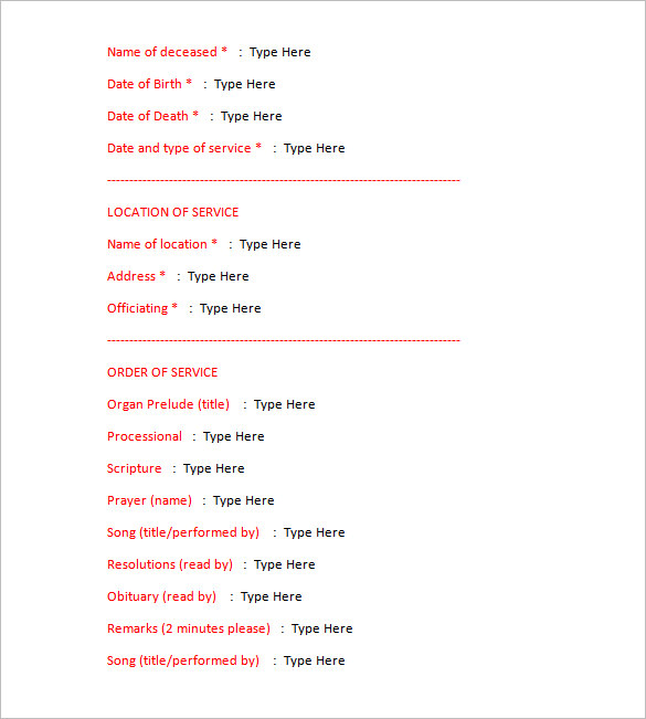 blank obituary service form template