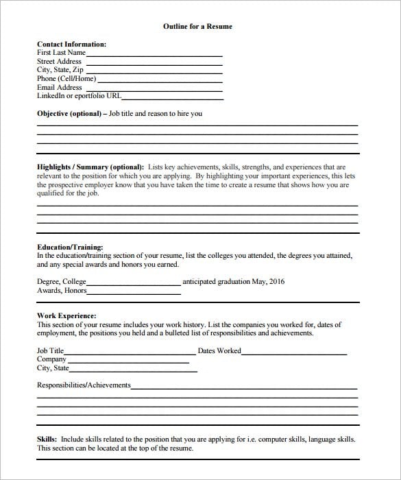 blank outline for a resume pdf format