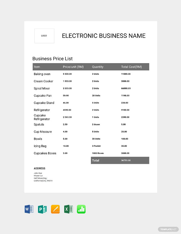 business price list template
