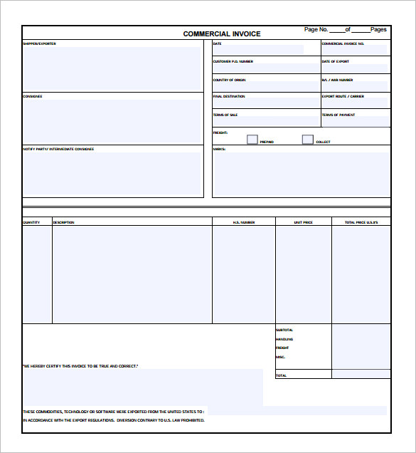 template of commercial invoice