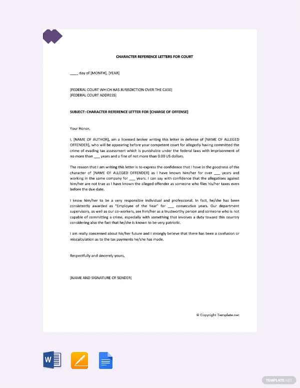 character reference letter for courts