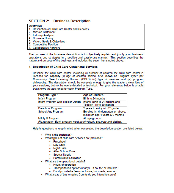 child day care business plan template