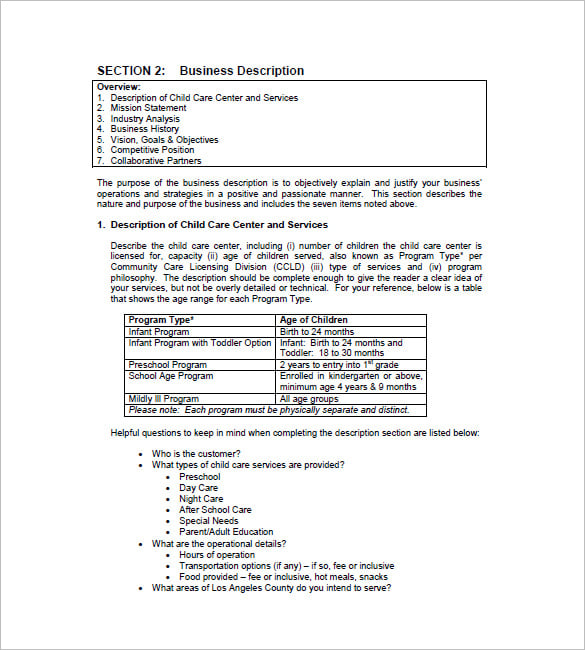 child care business plan sample pdf