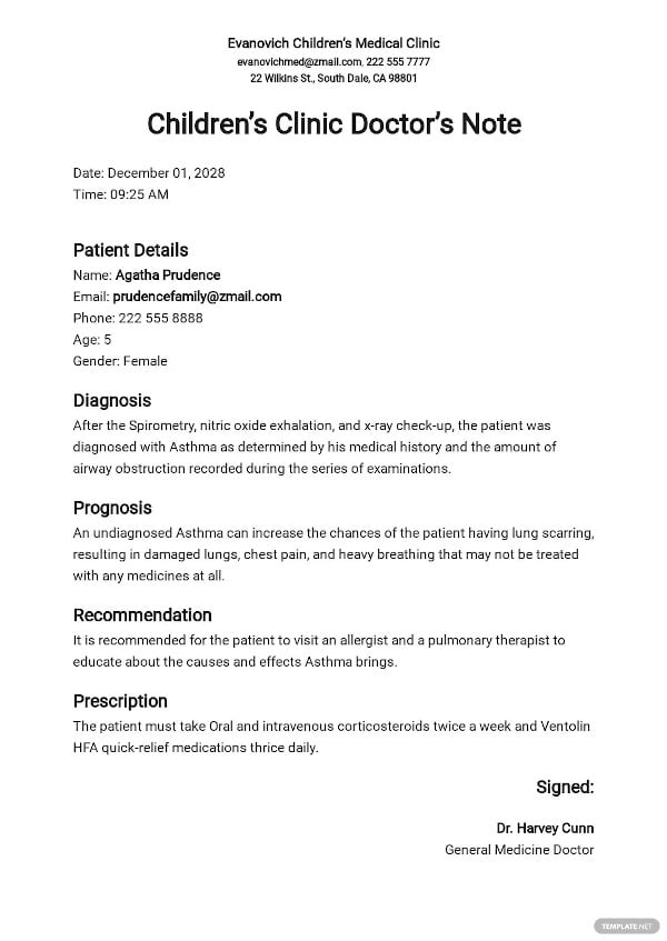 childrens clinic doctors note template