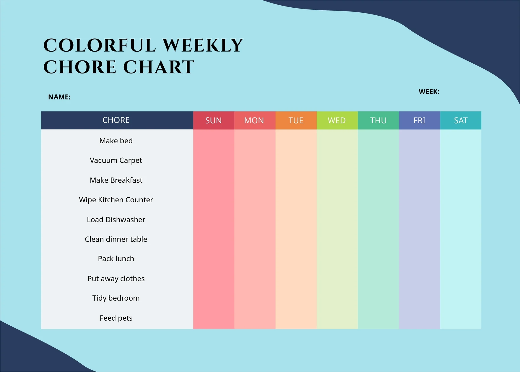 colorful weekly chore chart template