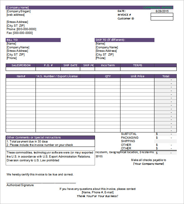 commercial shipping invoice in excel document